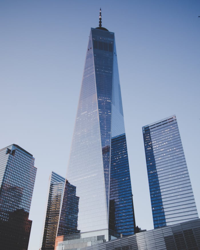 services-03 View of the One World Trade Center and surrounding skyscrapers at dusk in New York City.