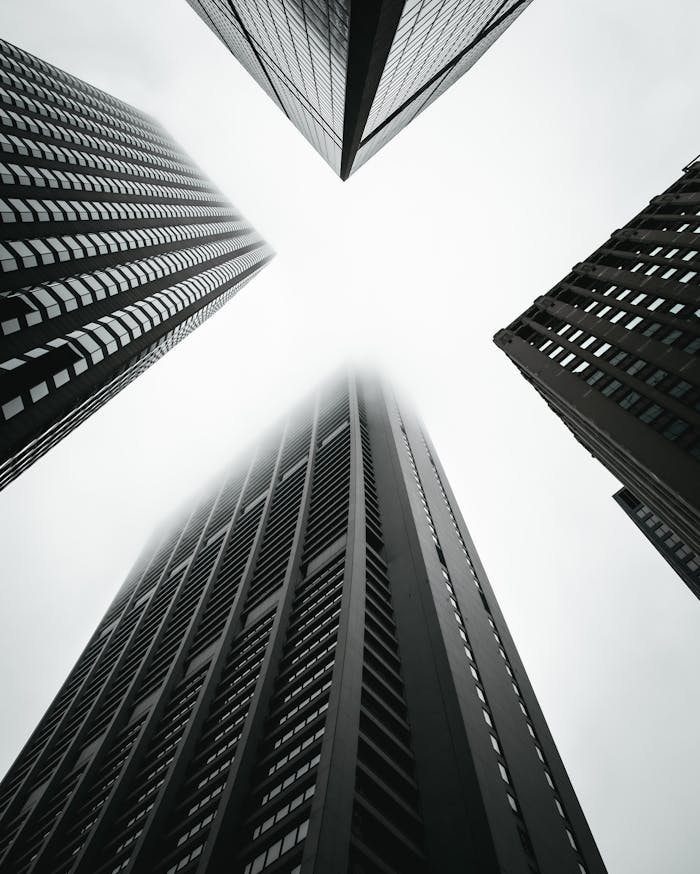 gallery-06 Dramatic low-angle shot of skyscrapers in Chicago creates a geometric urban scene.